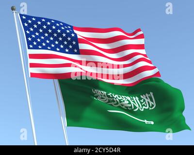 Two waving state flags of United States and Saudi Arabia on the blue sky. High - quality business background. 3d illustration Stock Photo