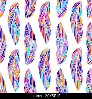 Colorful exotic tropical bird feathers, seamless vector pattern. Different multicolor feathers vector illustration, boho style. Navy blue background. Stock Vector