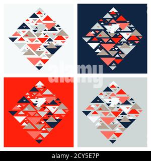 Set of four abstract geometric background - multicolor triangles pattern. Vector illustration. Red, white, grey, navy blue colors. Bold vivid colored Stock Vector