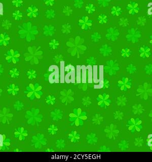 Green lucky clover leaves background. Seamless vector pattern. Green foliage jungle pattern. Four-leaf shamrock background for St Patrick Day. Stock Vector