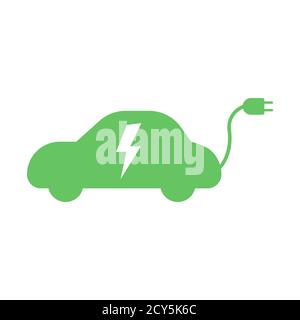 Electric green car with plug icon symbol isolated. Hybrid vehicle charging station road sign template Stock Vector