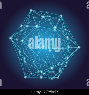 Abstract network concept, vector illustration. Simple linear net with dots on connections. Polygon made with triangles. 3d abstract dark background. Stock Vector