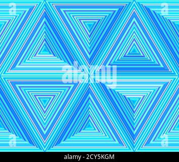 Triangular dimensions, abstract geometric repeatable background. Triangles mosaic in bright neon colors - blue, pink. Seamless vector pattern. Stock Vector