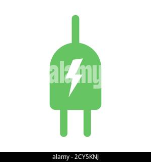 Green electric plug icon symbol with lightning bolt in flat design style. Green energy eco power vector illustration isolated Stock Vector