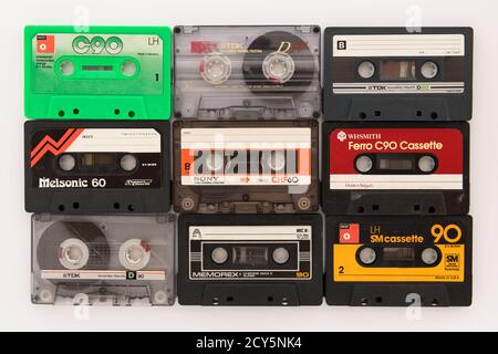 Cassette Tapes arranged in a grid pattern Stock Photo