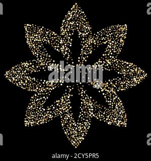 Luxury golden lotus flower on black, gold glittering confetti particles on dark background. Scattered golden dots. Vector illustration. Premium floral Stock Vector