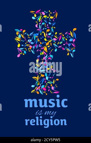 Colorful Music Event Fest notes background. Random colored music festival poster design template. Multicolor musical notes on dark navy blue backgroun Stock Vector
