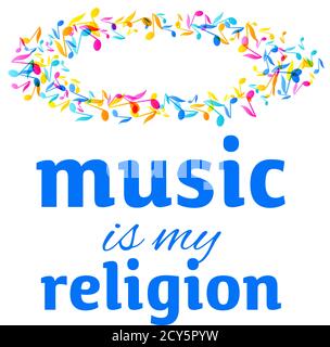 Colorful Music Event Fest notes background. Random colored music festival poster design template. Multicolor musical notes on white background. Vector Stock Vector