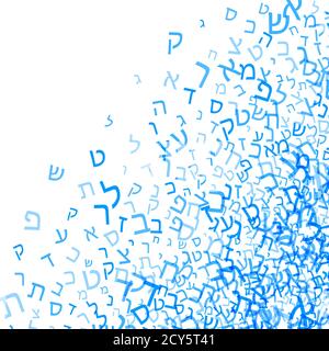 All letters of Hebrew alphabet, Jewish ABC background. Hebrew letters wordcloud word cloud. Vector illustration. Blue and white text typography backgr Stock Vector