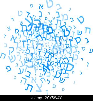 All letters of Hebrew alphabet, Jewish ABC background. Hebrew letters wordcloud word cloud. Vector illustration. Blue and white text typography backgr Stock Vector