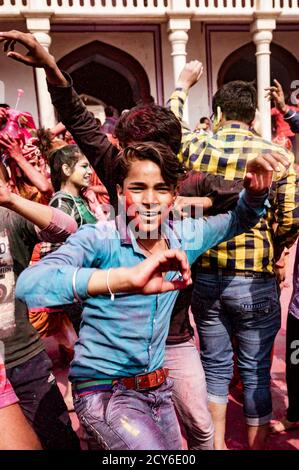 Nandgeon, India, Holi Festival, Feb 25, 2018 - Young men dance during Holi Festival in India Stock Photo