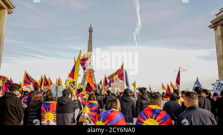 Tibetan, Uyghur, Taiwanese, Hong Konger, South Mongolian, and Chinese activists observed the ‘Global Day of Action’ at Place de la Bastille in Paris to boycott the upcoming controversial Beijing winter Olympics scheduled for February 2022, Paris, June 23, 2021 Stock Photo