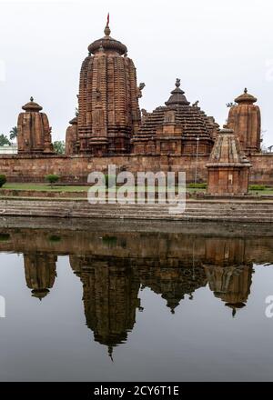 Bhubaneswar, India - February 4, 2020: Exterior view of Brahmesvara Temple with water reflection on February 4, 2020 in Bhubaneswar, India Stock Photo