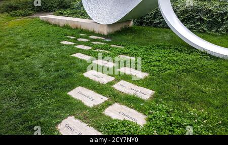 Plaques in the grass displaying German concentration camps at a holocaust memorial in downtown Budapest, Hungary. Stock Photo