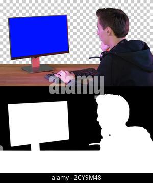 Surveillance agent and hacker answering a phone call, Alpha Chan Stock Photo