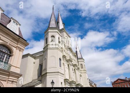 New Orleans, Louisiana/USA - 9/24/2020: Skyward View of St. Louis Cathedral and Surrounding Buildings in the French Quarter Stock Photo