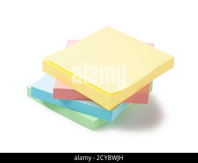 Four colorful sticky notes overlaid on a white background Stock Photo
