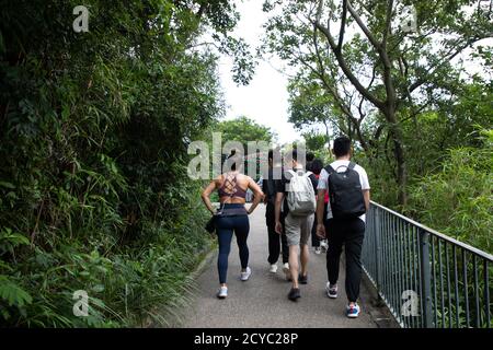 young men, women or boys and girls, university students with face masks hiking along trails in Victoria Peak, Hong Kong during covid-19 Stock Photo