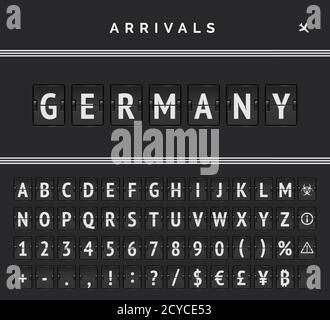 Airport mechanical board flip font with triple line markup and arrivals destination in Germany vector poster concept Stock Vector