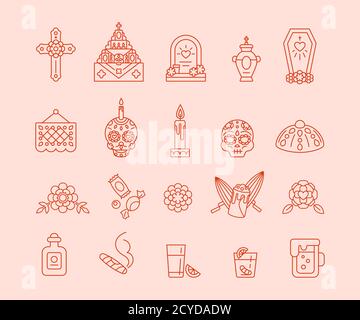Set of linear icons for celebration of Dia de Muertos. Day of The Dead - Mexican traditional symbols, outline style Stock Vector