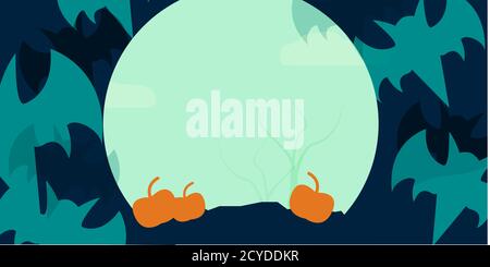 Halloween background design with flying bat, pumpkin sitting on the grass and big mood at the behind Stock Vector