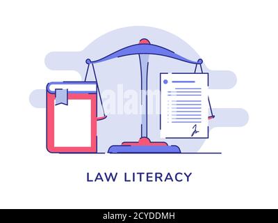 Law literacy concept balance scale book agreement letter white isolated background with flat outline style Stock Vector