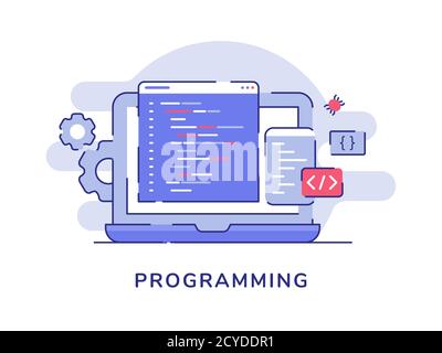 Programing concept language program code coding binary on display laptop screen white isolated background with flat outline style Stock Vector