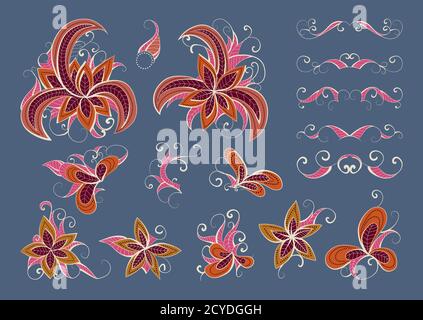 Set of vector floral elements and objects for design. Collection of elements in pink, burgundy and blue colors. Stock Vector