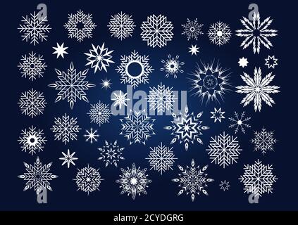 Vector Christmas set of white snowflakes and stars on dark blue background Stock Vector