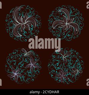 Set of vector round patterns with floral elements for your design. Collection of elements in  blue and brown colors. Stock Vector