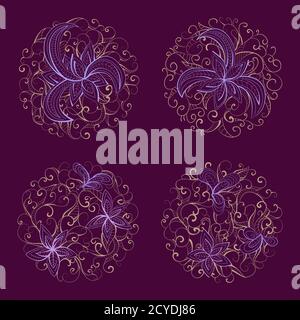 Set of vector round patterns with floral elements for your design. Collection of elements in violet and yellow colors. Stock Vector