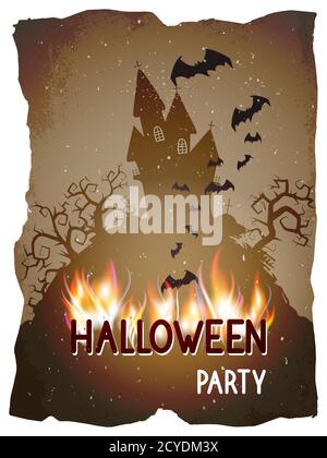 Vector Halloween illustration with sinister castle and burning lettering on old torn paper background. Stock Vector
