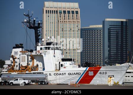 The Coast Guard Cutter Steadfast (WMEC-623) is seen against the skyline after the crew offloaded approximately 3,905 pounds of suspected cocaine in San Diego  Oct. 1, 2020. The drugs, worth an estimated $67 million, were seized in international waters of the Eastern Pacific Ocean and represent two suspected drug smuggling vessel interdictions off the coasts of Mexico, Central and South America in early September by the Steadfast crew. (U.S. Coast guard photo) Stock Photo