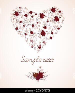 Vector heart shape from autumn leaves, branches and berries. In purple and orange colors. Gradient used. Stock Vector