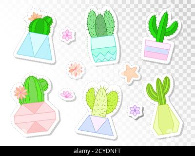 Vector set of stickers with cacti and succulents in flower pots. Flat style. Colored collection. Stock Vector