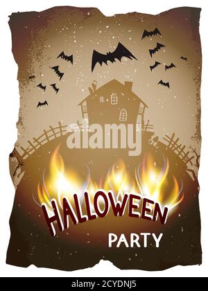 Vector Halloween illustration with abandoned house and burning lettering on old torn paper background. Stock Vector