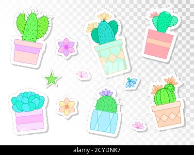 Vector set of stickers with cacti and succulents in flower pots. Flat style. Colored collection. Stock Vector