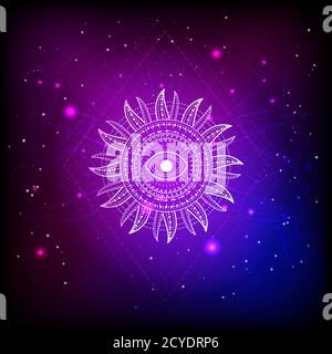 Vector illustration of Sacred or mystic symbol on abstract background. Geometric sign drawn in lines. Blue and pink color. For you design and magic cr Stock Vector