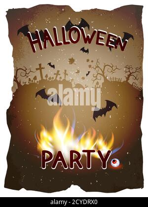 Vector Halloween illustration with cemetery and burning lettering on old torn paper background. Stock Vector