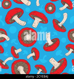 Shiitake mushrooms seamless pattern. Mushrooms repeat pattern. Psychedelic background vector illustration. For surface design, poster, background, web Stock Vector