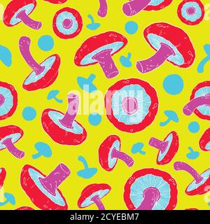 Shiitake mushrooms seamless pattern. Mushrooms repeat pattern. Psychedelic background vector illustration. For surface design, poster, background, web Stock Vector