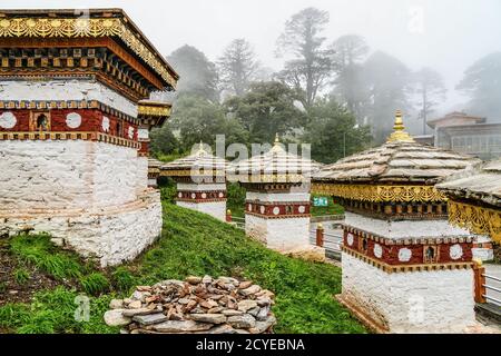 108 chortens at the Dochula Pass in the road from Thimphu to Punakha, Bhutan Stock Photo