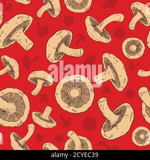 Shiitake mushrooms seamless pattern. Mushrooms repeat pattern. Red and brown background vector illustration. For surface design, poster, background, w Stock Vector