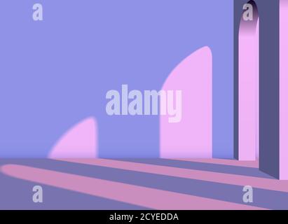 Abstract vaporwave architectural 3D background with arches and columns in the pink room with violet shadows Stock Vector