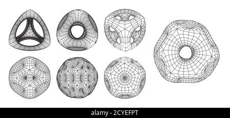 Set of abstract 3d wireframe shapes or elements with smooth corners and holes. Scientific and geometric abstraction with deformed plationic forms Stock Vector