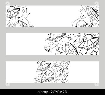 Set of horizontal banners with contour child illustrations of stars, spaceships, UFOs and place for text. Vector template for cards, banners and your Stock Vector