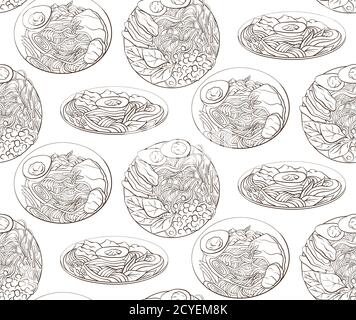 Seamless pattern with contour black and white cartoon illustration of  ramen in different angles. Noodles. Vector texture for wallpaper, wraps, fabric Stock Vector