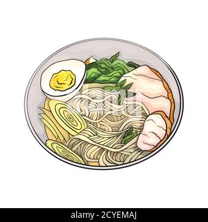 Coloring cartoon illustration of  ramen. Noodles. Vector element for the menu, card and your creativity. Stock Vector