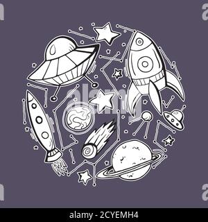Set stickers of contour child illustrations of stars, spaceships and UFOs. The object is separate from the background.  Vector elements for cards, bad Stock Vector