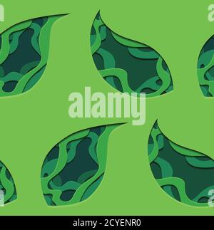 Seamless pattern of 3d tree leaf cut out from paper on green background ...